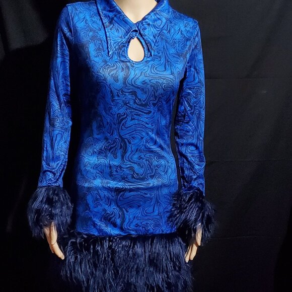 None Dresses & Skirts - Bodycon Vintage Style Plush Formal Dress (Blue)